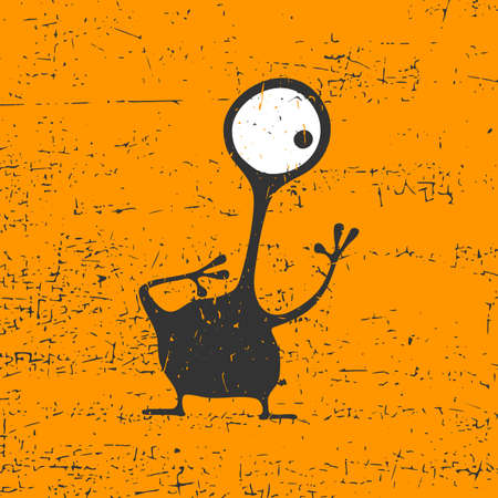 Cute black monster with emotions on grunge orange background, cartoon illustration.のイラスト素材