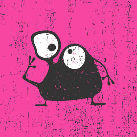 Cute black monster with emotions on grunge pink background, cartoon illustration.のイラスト素材
