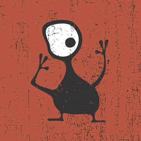 Cute black monster with emotions on grunge brown background, cartoon illustration.のイラスト素材