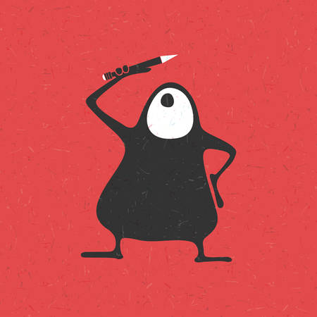 Creative funny monster with pencil in hands on grunge red background, cartoon illustration,のイラスト素材