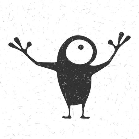 Cute black monster with emotions on grunge white background, cartoon illustration.のイラスト素材