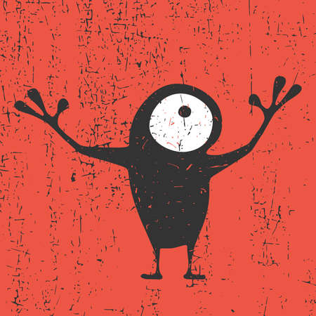 Cute black monster with emotions on grunge red background, cartoon illustration.のイラスト素材