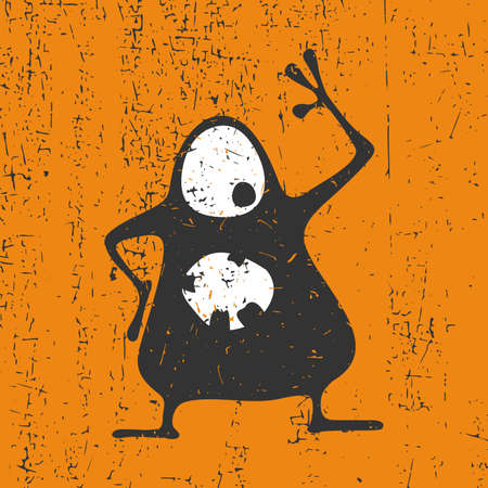 Cute black monster with emotions on grunge orange background, cartoon illustration.のイラスト素材