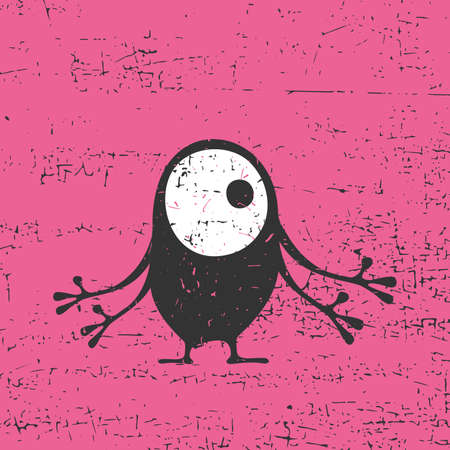 Cute black monster with emotions on grunge pink background, cartoon illustration.のイラスト素材
