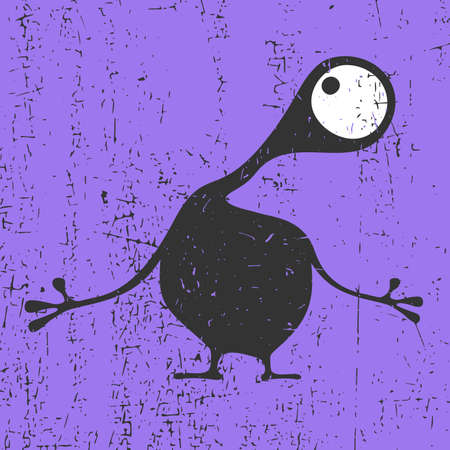 Cute black monster with emotions on grunge violet background, cartoon illustration.のイラスト素材