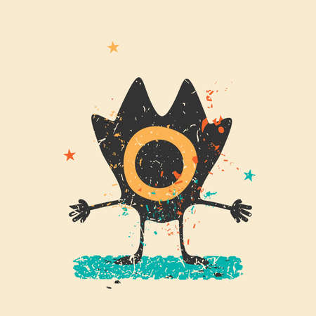 Cute monster on retro grunge background. Cartoon illustration.のイラスト素材