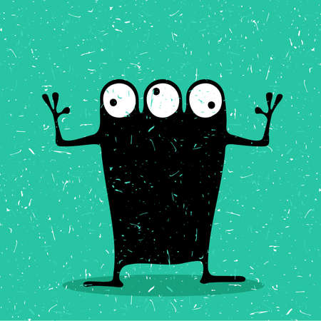 Cute black monster with emotions on grunge aqua blue background, cartoon illustration.のイラスト素材