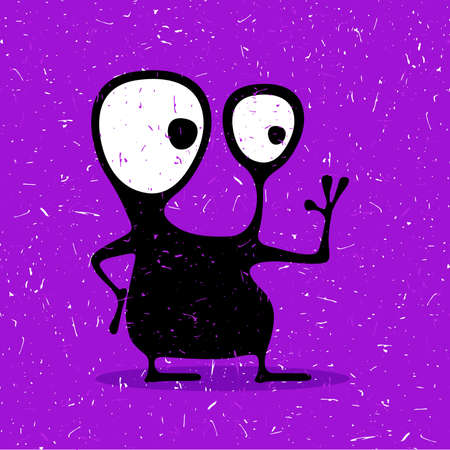 Cute black monster with emotions on grunge violet background, cartoon illustration.