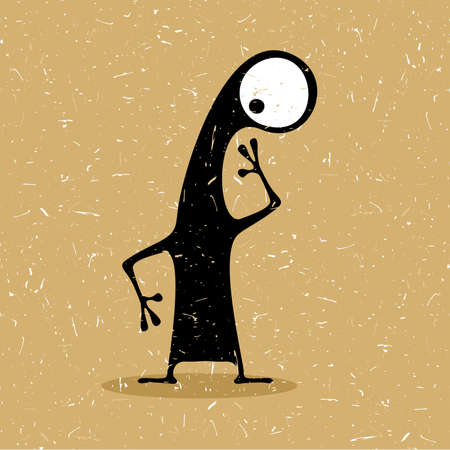 Cute black monster with emotions on grunge desert yellow background, cartoon illustration.のイラスト素材