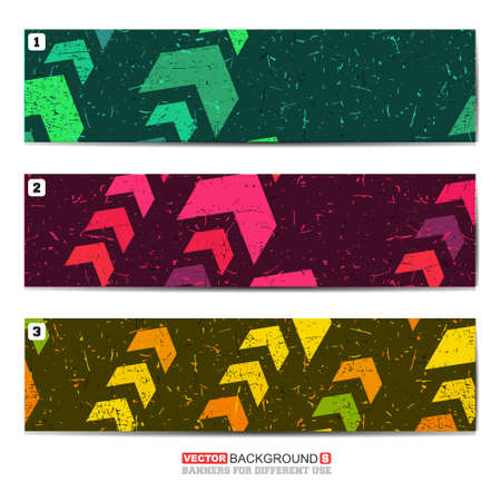 Set oh three color abstract banners with arrows and grunge elements, Shapes for different design, web use. vector illustrationのイラスト素材