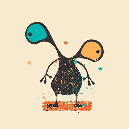 Cute black monster on retro grunge background with dirty color shapes and stars.