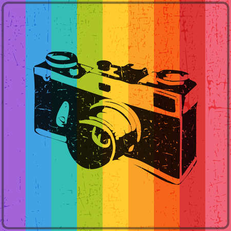 Old camera with dirty shapes on color lines grunge background .Decorative rainbow background with grunge shapesのイラスト素材