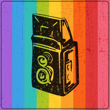 Old camera with dirty shapes on color lines grunge background .Decorative rainbow background with grunge shapesのイラスト素材