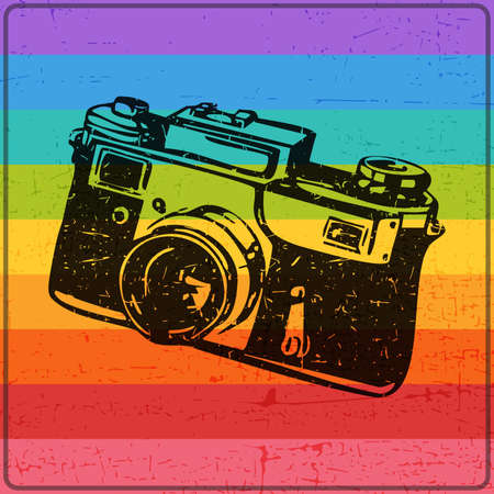 Old camera with dirty shapes on color lines grunge background .Decorative rainbow background with grunge shapesのイラスト素材