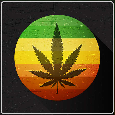Cannabis leaf on rastafarian color flag inside of circle with flat shadow and grunge shapes, Icon for different use and web design, vector illustrationのイラスト素材