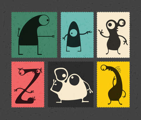 Set of retro postage`s stamp with funny monsters on different color background,. Cartoon illustration.のイラスト素材