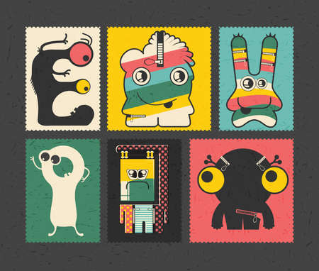 Set of retro postage`s stamp with funny monsters on different color background,. Cartoon illustration.のイラスト素材