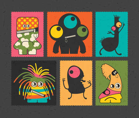Set of retro postage`s stamp with funny monsters on different color background,. Cartoon illustration.のイラスト素材