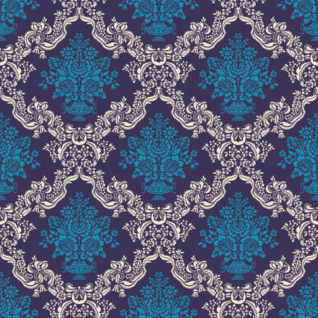 Decorative blue and white floral background with flourish elements, leaves, and a vase with bouquet of flowers, seamless pattern background.のイラスト素材