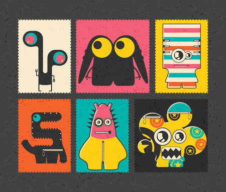 Set of retro postage`s stamp with funny monsters on different color background ,. Cartoon illustration.のイラスト素材