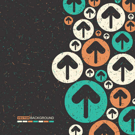 White, brown and blue arrows on black grunge background, retro pattern with decorative shapes, vector illustration.のイラスト素材
