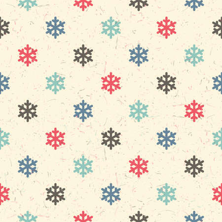 Colorful snowflakes on desert yellow background with grunge shapes. New Year and Christmas seamless pattern. Packing paper for gifts and different use.のイラスト素材