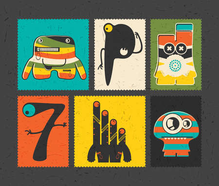 Set of six retro postage`s stamp with funny monsters on different color background. Cartoon illustration. vector stickersのイラスト素材