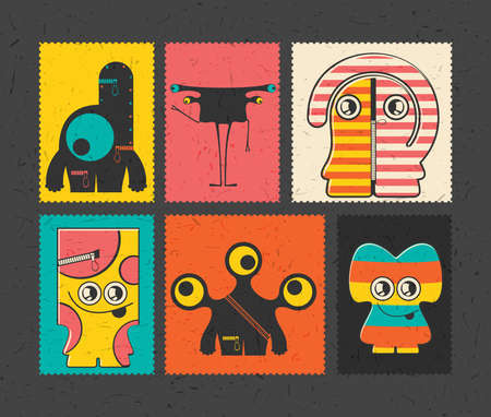 Set of six retro postage`s stamp with funny monsters on different color background. Cartoon illustration. vector stickersのイラスト素材