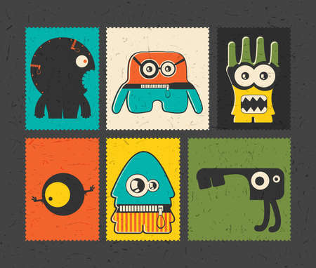 Set of six retro postage`s stamp with funny monsters on different color background. Cartoon...