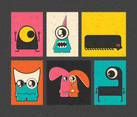 Set of six retro postage`s stamp with funny monsters on different color background. Cartoon illustration. vector stickersのイラスト素材