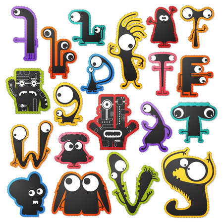 Set of twenty cute black monsters on color background isolated on white with border for cutting. Funny character stickers, cartoon illustration. printable, vector.のイラスト素材