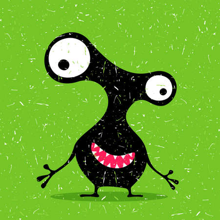 Cute black monster with emotions on grunge green background. cartoon illustration.のイラスト素材