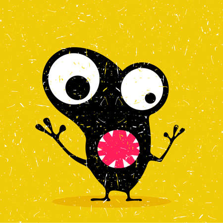 Cute black monster with emotions on grunge yellow background. cartoon illustration.のイラスト素材