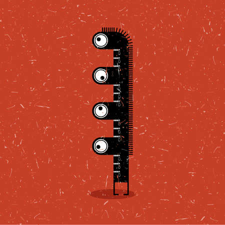 Cute black monster with emotions on grunge red background. cartoon illustration.のイラスト素材