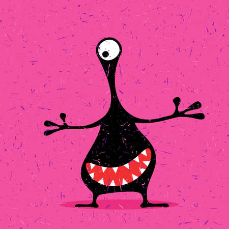 Cute black monster with emotions on grunge pink background. cartoon illustration.のイラスト素材