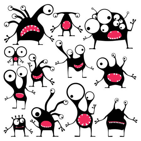 Set of twelve cute black monsters with different emotions isolated on white, cartoon illustration