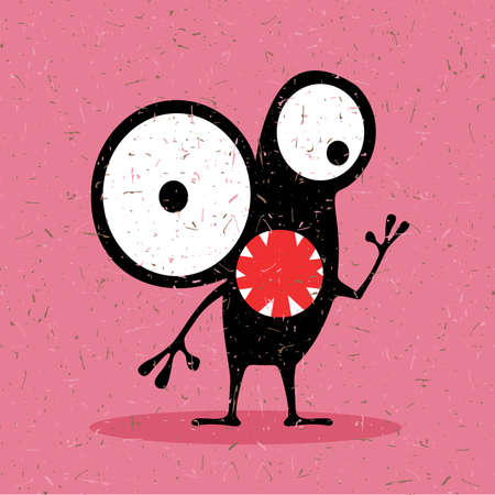 Cute black monster with emotions on grunge pink background. cartoon illustration.のイラスト素材