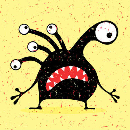 Cute black monster with emotions on grunge yellow background. cartoon illustration.のイラスト素材