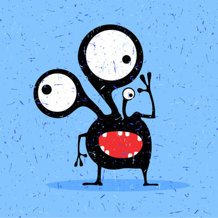 Cute black monster with emotions on grunge blue background. cartoon illustration.のイラスト素材