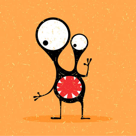 Cute black monster with emotions on grunge orange background. cartoon illustration.のイラスト素材