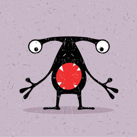 Cute black monster with emotions on grunge light purple background. cartoon illustration.のイラスト素材
