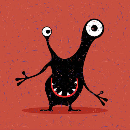 Cute black monster with emotions on grunge dark red background. cartoon illustration.のイラスト素材