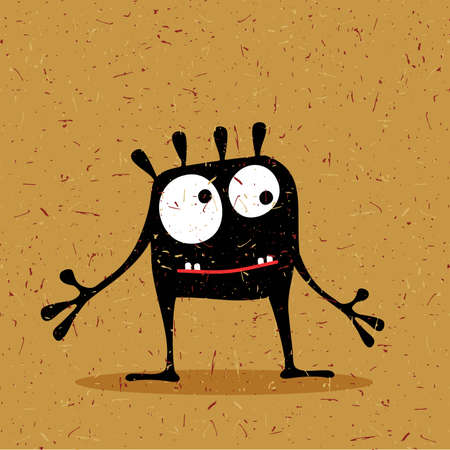 Cute black monster with emotions on grunge brown background. cartoon illustration.のイラスト素材