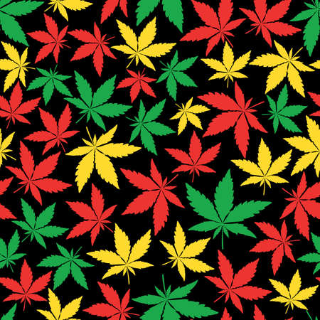 Color Cannabis leaves on black background - seamless pattern.のイラスト素材