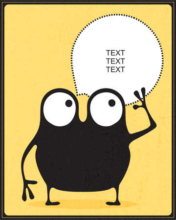 Funny black monster with emotions and chat cloud on light yellow grunge background, cartoon illustration.のイラスト素材