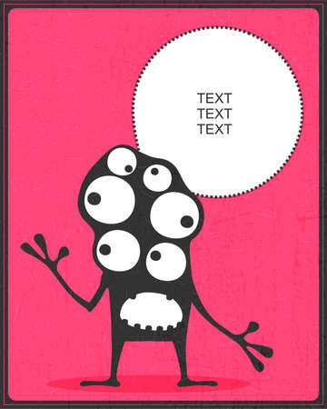 Funny black monster with emotions and chat cloud on pink grunge background, cartoon illustration.のイラスト素材