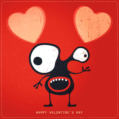 Cute Monster with emotions and heart on retro red grunge background. Cartoon illustration. Valentine`s day gift card.のイラスト素材