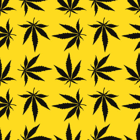 Cannabis leaves on yellow background -  seamless pattern.のイラスト素材
