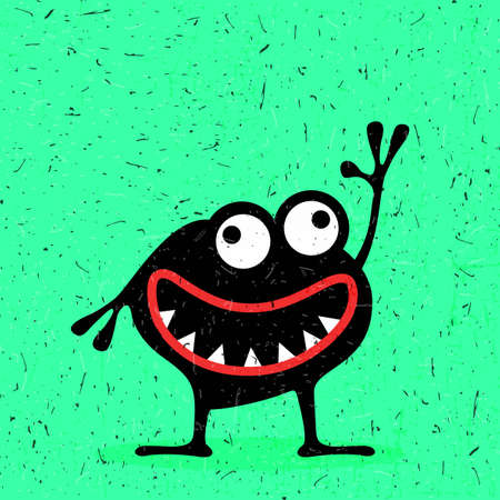 Cute black monster with emotions on grunge light green background. cartoon illustration.のイラスト素材