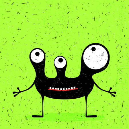 Cute black monster with emotions on grunge green background. cartoon illustration.のイラスト素材